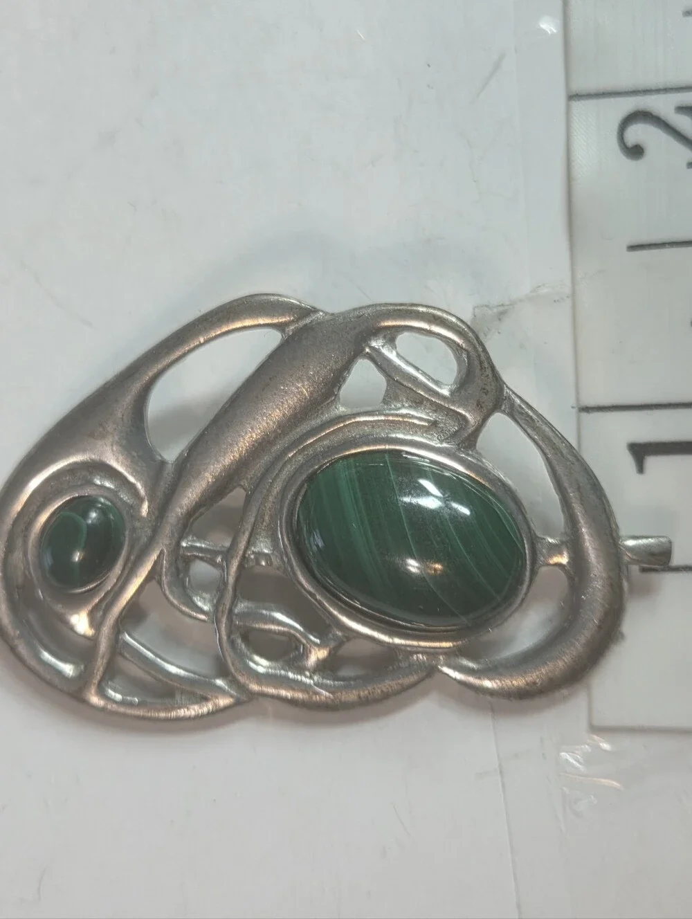 st justin pewter brooch abstract free form malachite cabochon stone green silver